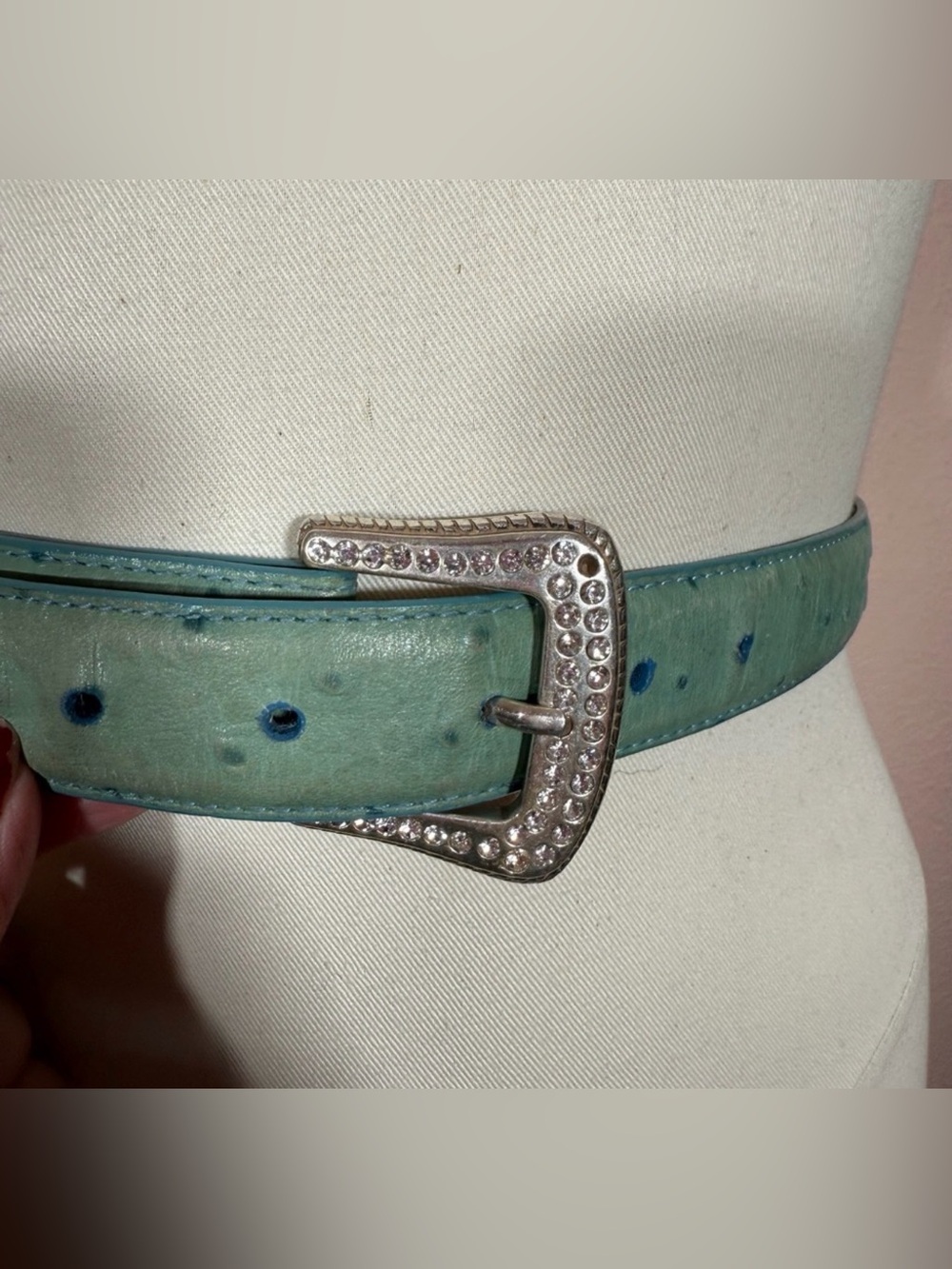 Roper turquoise ostrich embossed leather rhinestone silver buckle western belt - Picture 5 of 14